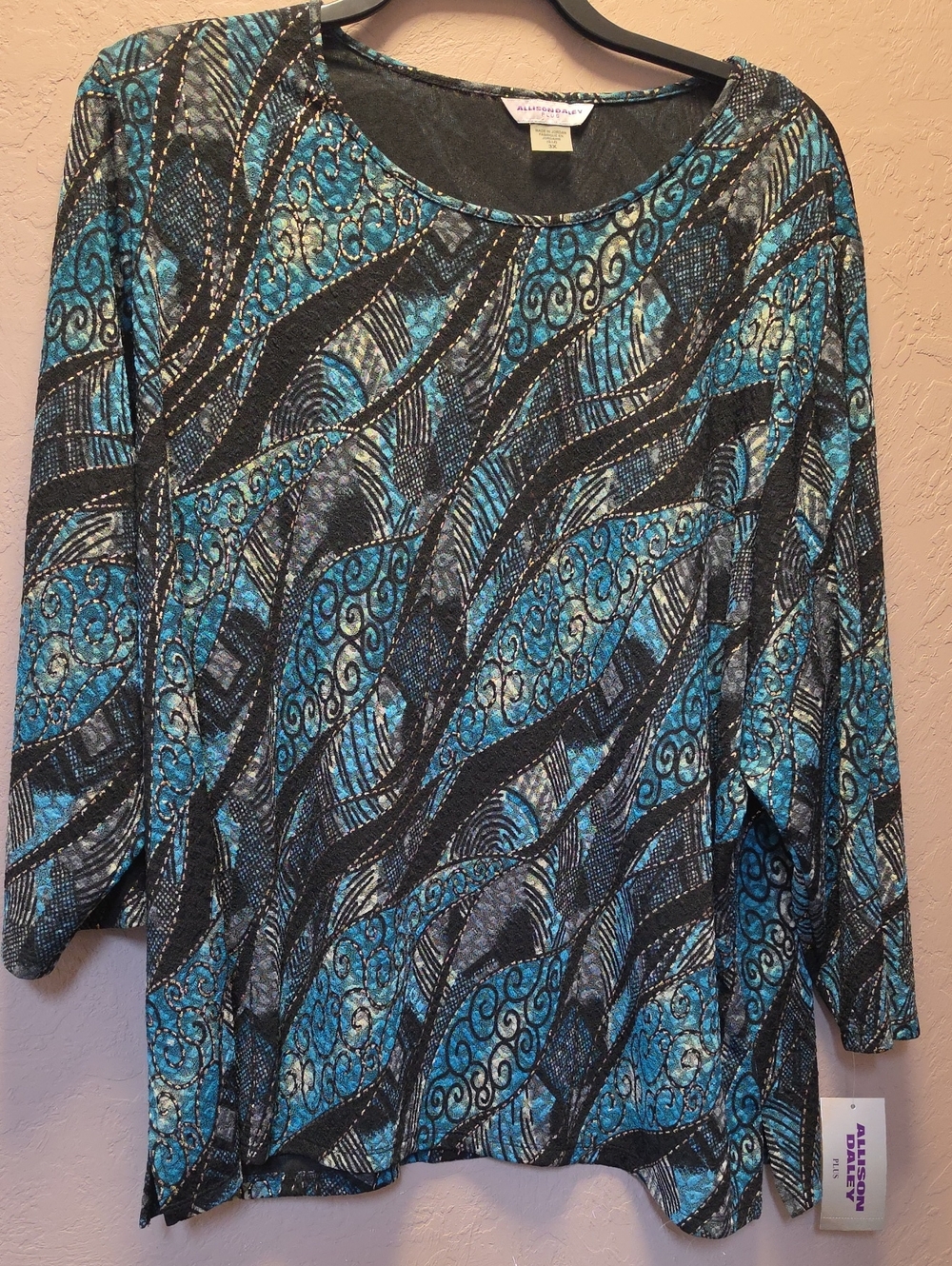 ALLISON DALEY Sz 3X Teal and Black Abstract Wave 3/4 Sleeve Top NWT #2613